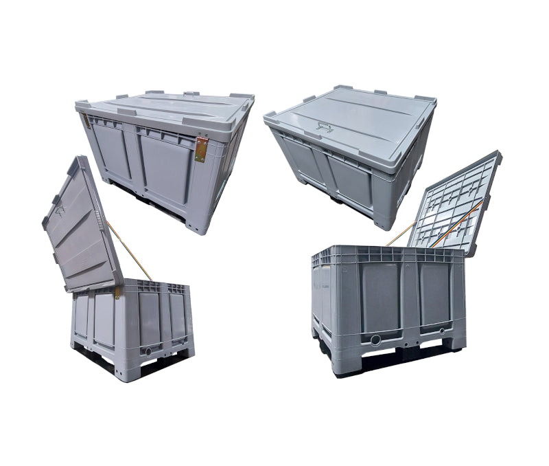 Pilnai pilka plastikinė padėklų dėžė ant 4 pėdų, uždara (išmatavimai 1200x1000x790 mm)