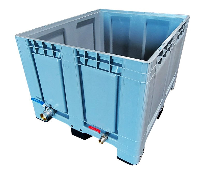 Plastikinė padėklų dėžė, pilna ant 4 pėdų su 2 colių išleidimo kamščiu, matmenys 1200x1000x790 mm