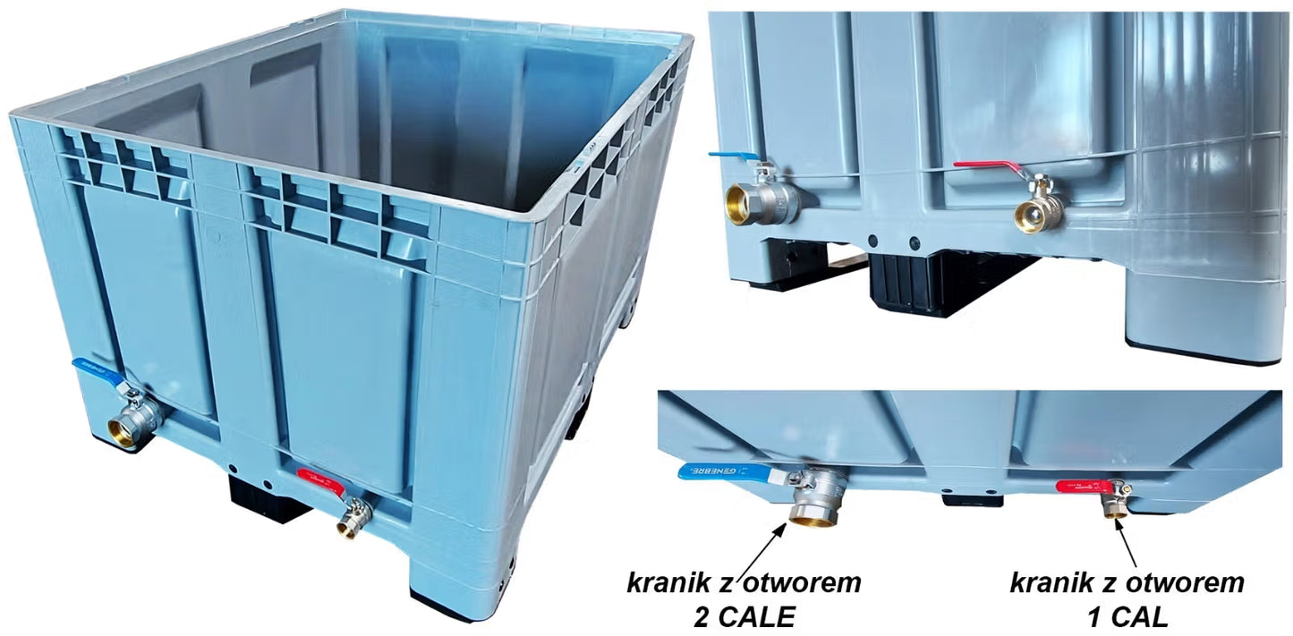 Skrzyniopaleta plastikowa pełna (1200×1000×790) na 4 stopach z zaworem spustowym 2 cale