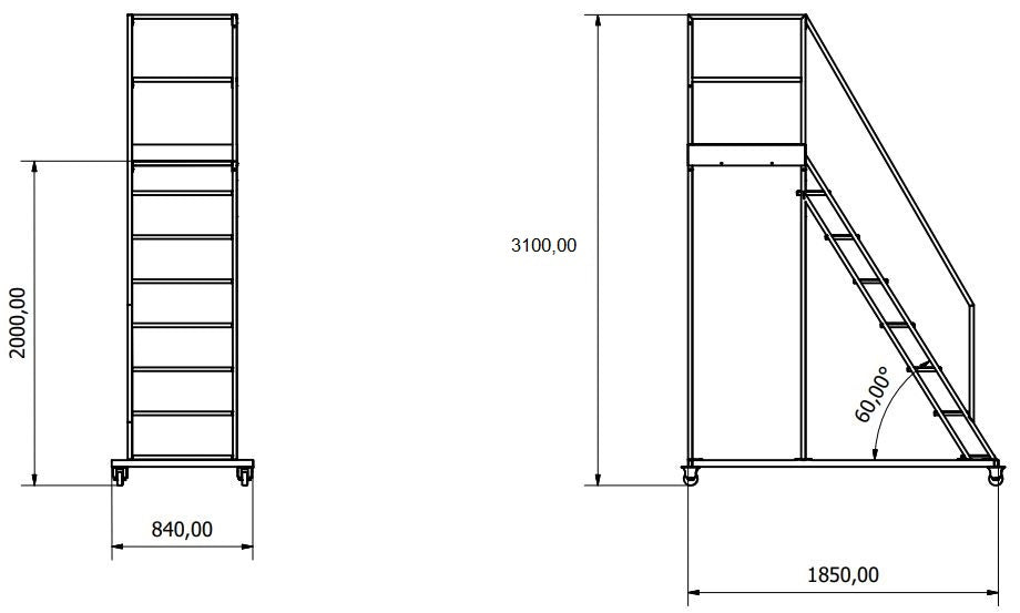 Stalowy podest roboczy 7 stopni + platforma, jezdny