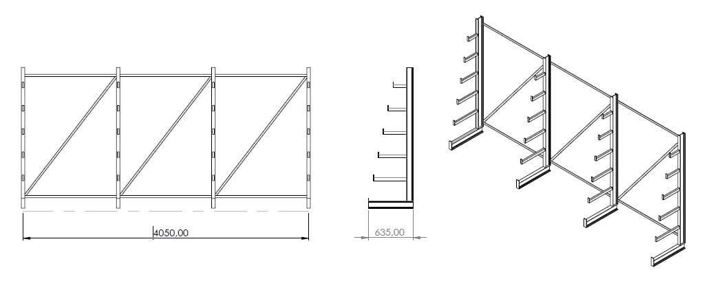 Regał choinkowy, wspornikowy jednostronny wym. 2000x4050x635 - 4 stojaki