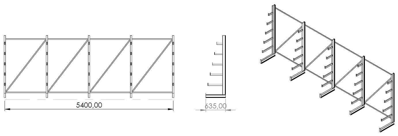 Regał choinkowy, wspornikowy jednostronny wym. 2000x5400x635 - 5 stojaków