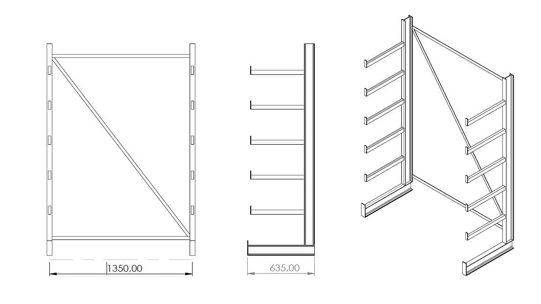 Regał równoramienny, wspornikowy jednostronny wym. 2000x1350x635