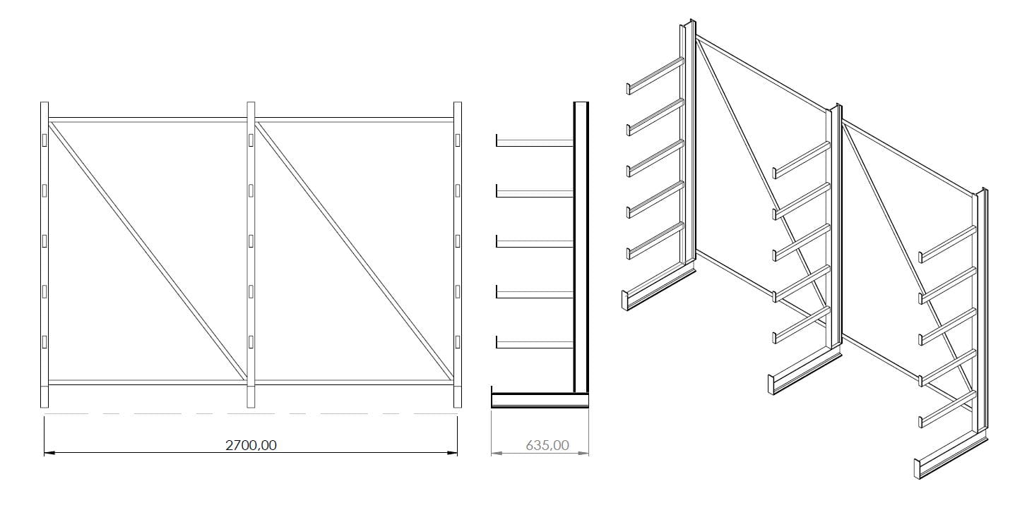 Regał równoramienny, wspornikowy jednostronny wym. 2000x2700x635