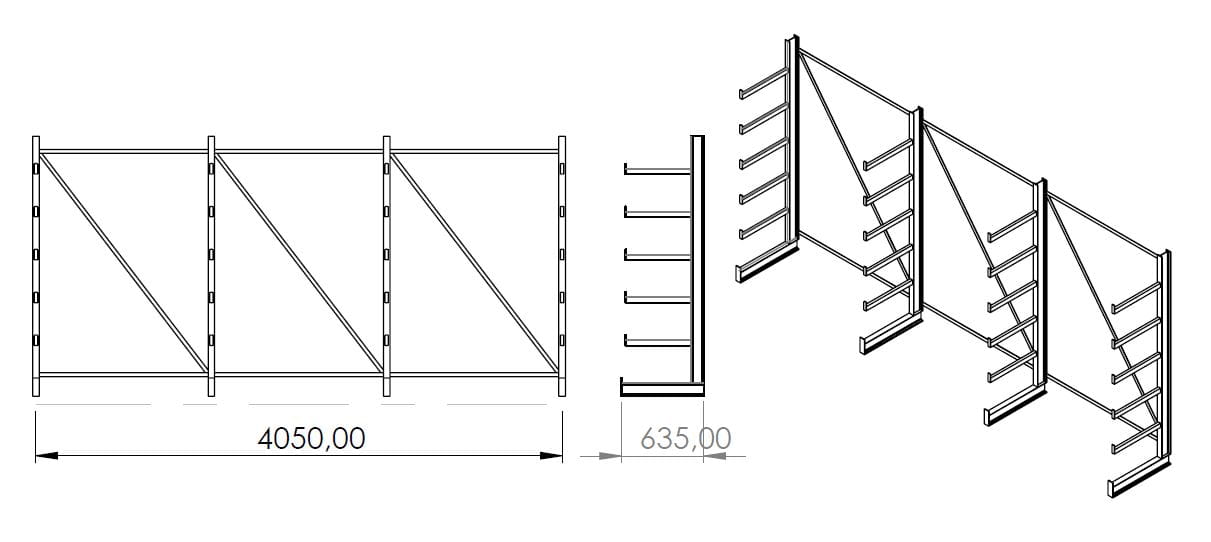 Regał równoramienny, wspornikowy jednostronny wym. 2000x4050x635 - 4 stojaki