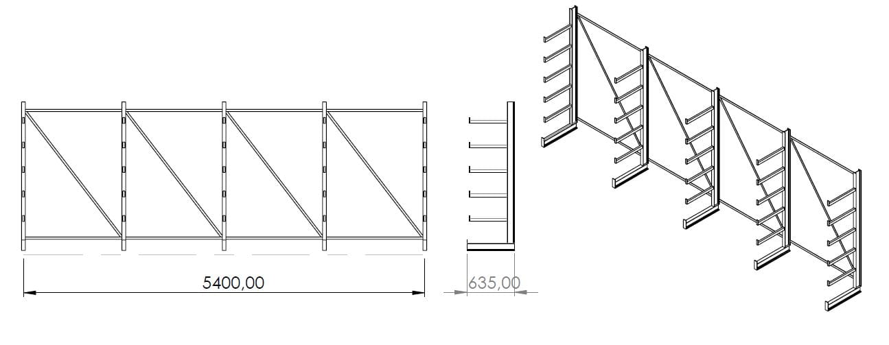 Regał równoramienny, wspornikowy jednostronny wym. 2000x5400x635 - 5 stojaków