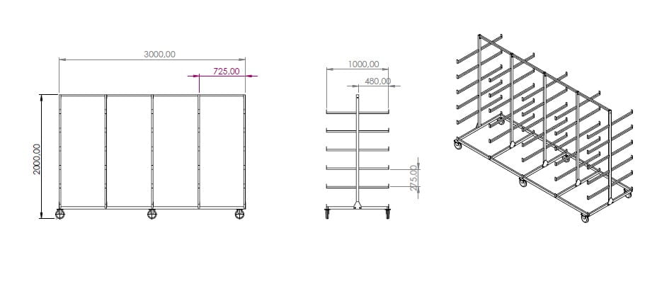 Mobilny regał wspornikowy dwustronny 3000x1000x2000 - 5 stojaków