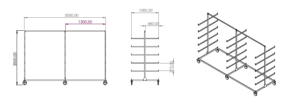 Mobilny regał wspornikowy dwustronny 3000x1000x2000 - 3 stojaki