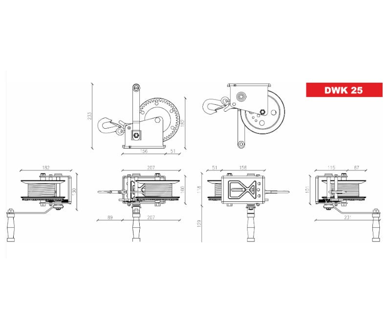 Dragon DWK-25V rankinė gervė, plieninis lynas, 1133 kg trauka, 10 m virvė