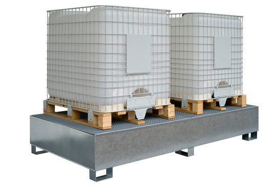 Nuvarvėjimo padėklas, cinkuotas, su tinkleliu 2 IBC konteineriams, matmenys. 1300 x 2650 x 430 mm