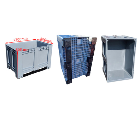 Skrzyniopaleta plastikowa pełna szara na 2 płozach wym. 1200x800x790 mm